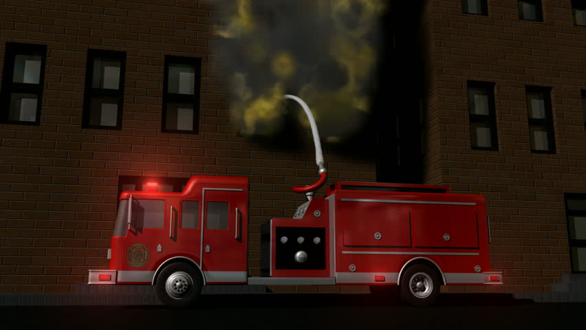 3D fire truck putting out flames. HD 1080.