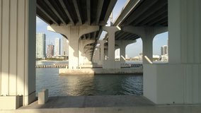 Drone flying under the Macarthur Causeway Miami FL