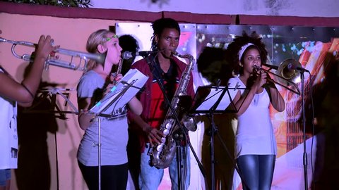 CUBA, - NOVEMBER 06:
Brass Section of the  Cuban music band in the Casa De La Musica. 
November 06, 2016 in Trinidad, Sancti Spiritus, Cuba
