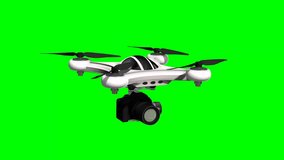 Drone Quadrocopter with professional camera flies - green screen 