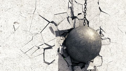 Metallic Wrecking Ball Shattering The Concrete Wall. Green Screen. 3D Animation.