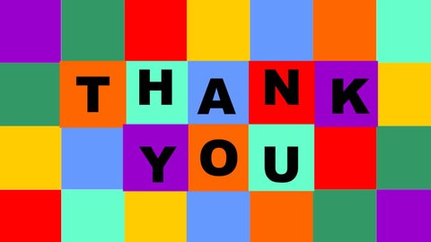 Thank you video composed of animated colorful squares with letters