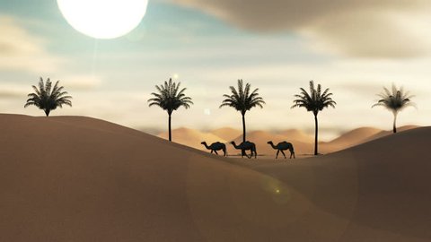 twenty four hours loop animation in the Arabian desert Sahara with camels moving palm trees moon and sun showing and fading with color change 3d rendering