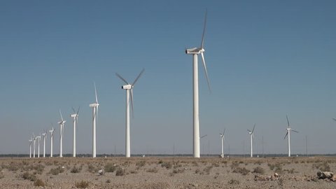 YUMEN - SEPTEMBER 2 2010: Overview of a windmill park in the deserts near Yumen, Western China