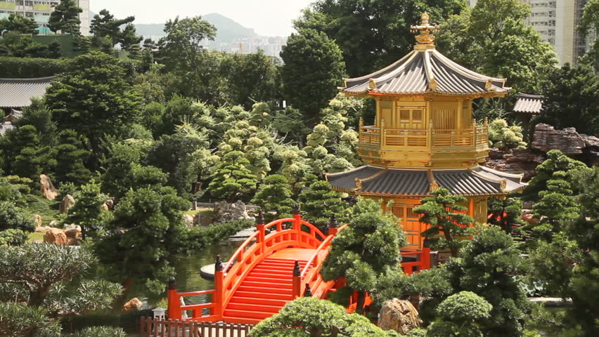 Red Wooden Arch Bridge and Golden Pavilion - Arch Bridge and Pavilion in Nan