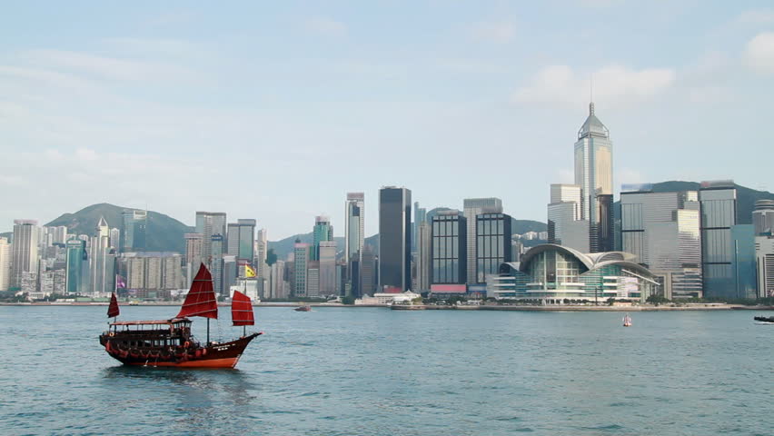 Chinese Junkboat sailing across Victoria Harbour, Hong Kong.