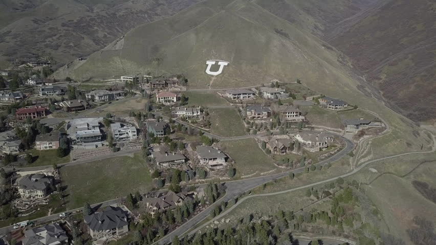 SALT LAKE CITY, UTAH - MAR 2017: Aerial Salt Lake City University of Utah mountain letter homes. Highest educational rated ranking. Established in 1850. Research medical science education school.