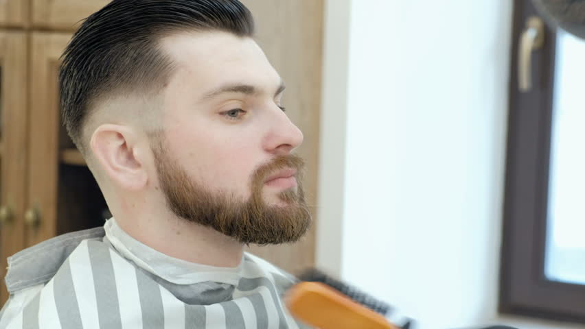 Brutal bearded customer getting his beard cut by a young hairdresser | Shutterstock HD Video #24942449