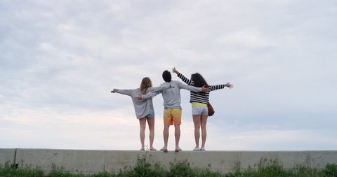 Three friends arms raised looking out at sunset sky view celebrate freedom lifestyle standing on wall diverse mixed racial group