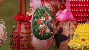 Beautiful Easter eggs decorated  on the tree. Easter. Spring.