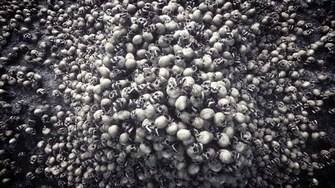 Pile of skulls. Apocalypse and hell concept. Realistic cinematic 4k animation.