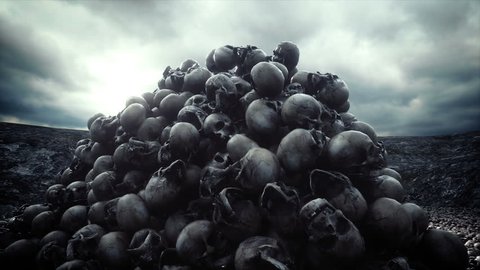 Pile of skulls. Apocalypse and hell concept. Realistic cinematic 4k animation.