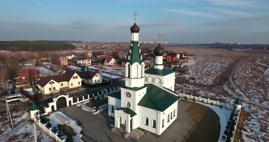 Aerial view of the Church of St. Sergius of Radonezh, Tarasovo village, Podolsk region, Russia