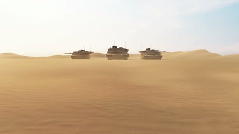 4K Animation of Group of Heavy Military Tanks Movin in Desert Landscape