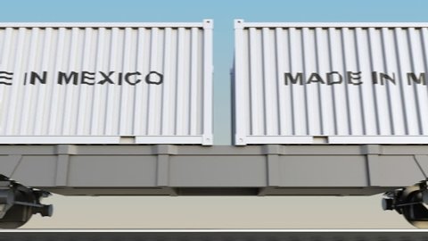 Moving cargo train and containers with MADE IN MEXICO caption. Railway transportation. Seamless loop 4K clip