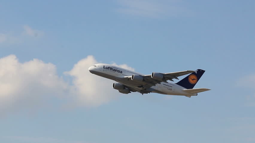 FRANKFURT - JULY 4: Lufthansa A380 airplane takes off from Frankfurt Airport on