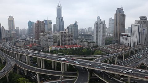 SHANGHAI, CHINA – MAY 9 2012: Aerial View of Shanghai busiest highway, Freeway Motorway, Busy Global City Transportation System Skyscrapers Chinese Crowded Skyline Stock Video