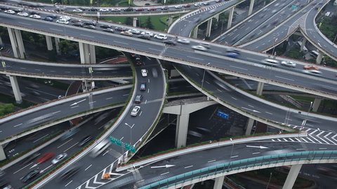 Time Lapse Aerial View Chinese Shanghai Busiest Highway, Freeway, Motorway, Busy Urban City Transportation Interchange, Heavy Traffic Jam Congestion, Rush Hour, Cars Passing Incoming Outgoing Driving