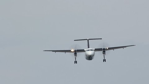 Turboprop approach.
Final approach of a commercial Bombardier Q400 turboprop  aircraft. Windy day at Pearson International Airport, Toronto, Ontario, Canada. 
