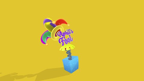 April's fool 3d text with harlequin hat spring surprise box