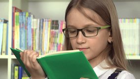 4K Student Girl, Child Face Reading Books in Library, Children School Education