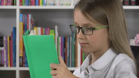 4K Student School Child Reading Studying Library, Learning Girl at Desk Office