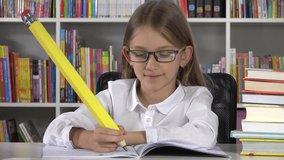 4K Student Child Writing Studying in Library Learning School Girl at Desk Office