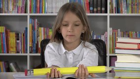 4K Student Child Studying a Huge Pencil in Library, School Girl at Desk, Office