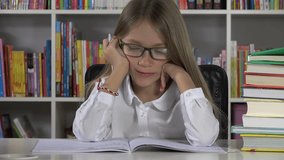 4K Student Child Sleeping at Desk in Library, Bored Girl Fall Asleep Studying