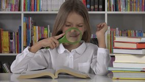 4K Student Child Reading Book by Magnifying, Eyeglasses Girl Studying in Library