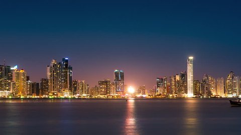 panama cityscape modern city time lapse from day to night pan