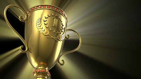 Award winning and championship concept: seamless loop golden glowing trophy cup on black background