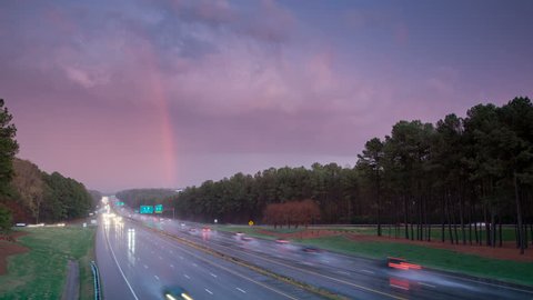 Severe Rain Storm Wet Driving Timelapse on Interstate 40 Traffic in Raleigh NC with Fast Moving Clouds and Vehicles at Sunset