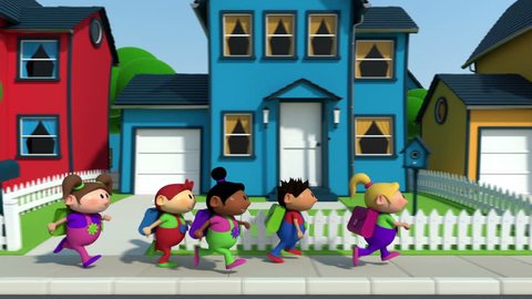 cute cartoon children running along a suburban street - high quality 3d animation - loopable
