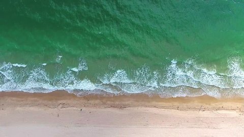 Tropical beach video loop showing seamless never ending footage with aerial bird eye view of green foaming ocean waves crushing against the coast line of Florida and overhead view of a seldom tourist