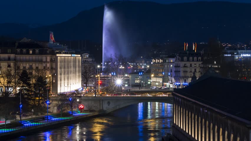 Fountain of Geneva, a night view from seujet - Switzerland