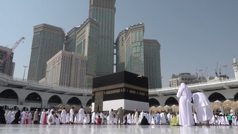 Mecca, Saudi Arabia - September 10, 2016: Zooming in on the holy Kaaba and the Muslim pilgrims at daytime during Hajj in Saudi Arabia