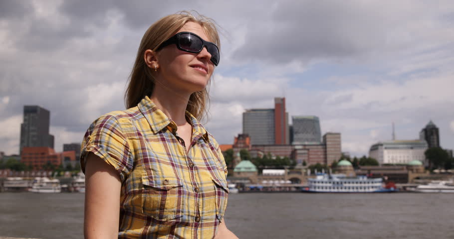 Relaxed Tourist Woman Looking Out In Hamburg Port, Girl Observing City Icon Landmark