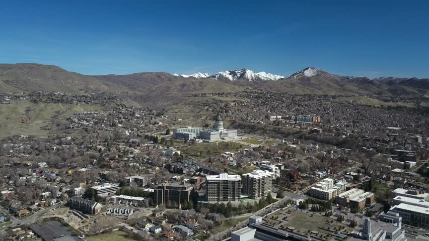 SALT LAKE CITY, UTAH - MAR 2017: Drone flight urban city center Salt Lake City, Utah. Historic famous Temple Square, LDS or Mormon Church. Church of Jesus Christ of Latter-day Saints. headquarters.