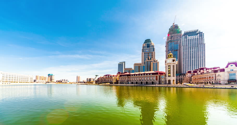Time lapse of Tianjin cityscape, sunny sky with modern buildings. China