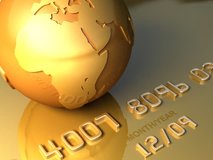 Gold globe and gold credit card. Loopable Business 3d animation,