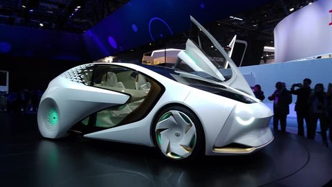 LAS VEGAS - January 08, 2017: Toyota Concept-i concept car with built-in artificial intelligence named ‘Yui’ presentation at Toyota booth at CES 2017 consumer electronics trade show. 4K UHD.