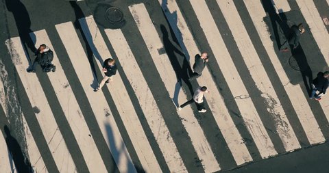 NEW YORK CITY - November 2016: Overhead view from above people crowd walking on city street intersection zebra crossing in New York NYC. 4K UHD.