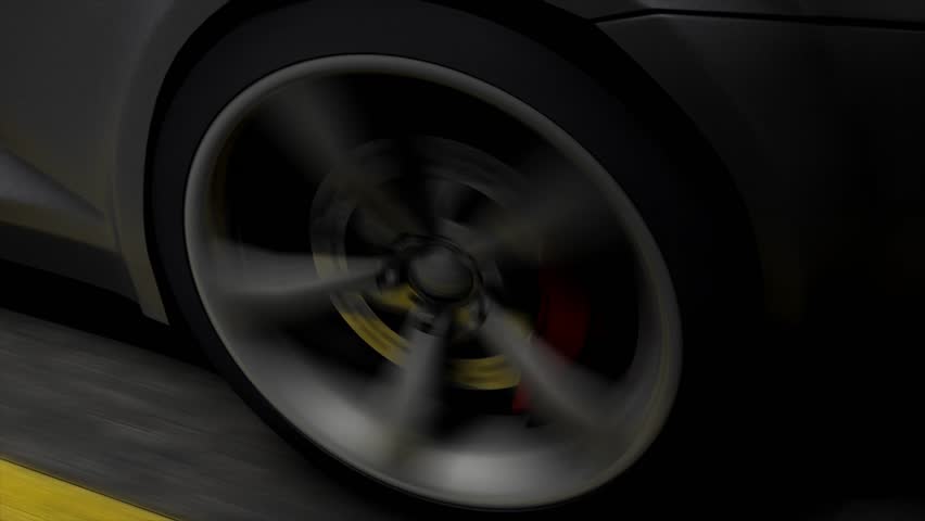 Automotive animation, close-up spinning rear car wheel