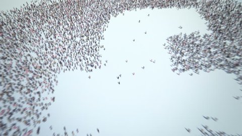 Editorial Animation: People in Social network. Thousands of people formed Facebook logo. Crowd flight over. Motion Blur. Camera zoom out.
