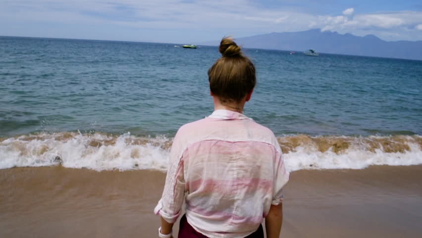 Teen Girl Walks Toward Water, With Back To Camera, Maui, Hawaii