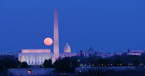 Full Moon Rise over Washington DC - The Lincoln Memorial, The Washington Monument and The US Capitol Building serve as a fine foreground for a beautiful evening. Yes, it's real. Shot at 4K 4096 x 2160