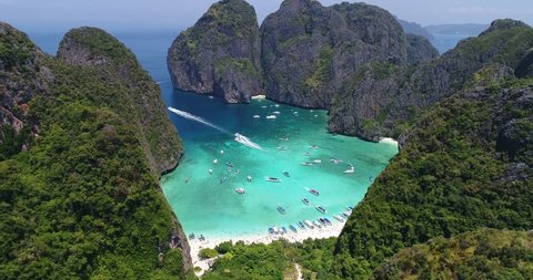 Flying over the famous Maya Bay on Ko Phi Phi Le, Thailand. Known from the movie the Beach with Leonardo DiCaprio. 