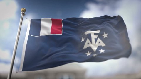 French Southern and Antarctic Lands Flag Waving Slow Motion 3D Rendering Blue Sky Background - Seamless Loop 4K