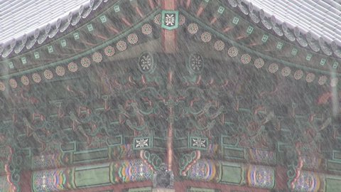 Decorations at Gyeongbokgung Palace during rain time, Seoul, South Korea